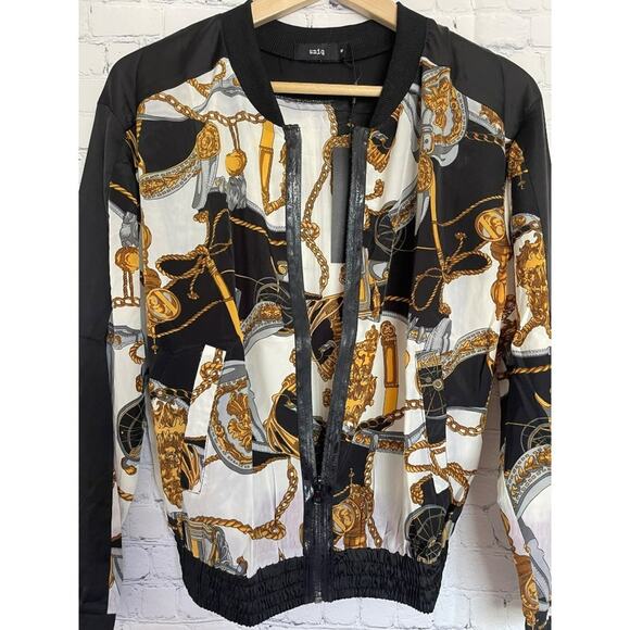 UNIQ Black, White & Gold Faux Silk Jacket Size Medium NWT - Picture 4 of 5